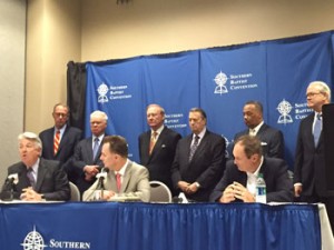 Ronnie Floyd, SBC president, seated, left of center, and past SBC presidents participate in a June 17 press conference on their statement on marriage and religious liberty. Jack Graham, far left, senior pastor, Prestonwood Baptist Church, Plano, Texas, is speaking. 