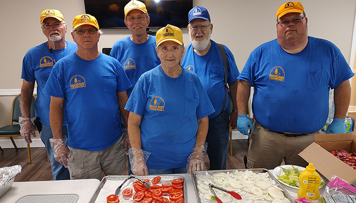 Tennessee Baptist Disaster Relief volunteers joined forces with the Cumberland Gap DR team to provide lunch during the recent missions fair sponsored by Cumberland Gap Baptist Association at Pump Springs Baptist Church in Harrogate. See story on page 6. Volunteers, from left, are Larry Ray, Lloyd Phillips, Johnny Conkin, Donna Wilson, Joe Martin (Cumberland Gap Association DR director) and Robert Wilkerson.